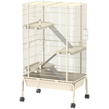 PawHut 4 Levels Rolling Small Animal Cage, Rabbit Cage with 3 Ramps, Water Bottle, Food Dish, 15cm Deep Tray, Beige