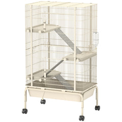 PawHut 4 Levels Rolling Small Animal Cage, Rabbit Cage with 3 Ramps, Water Bottle, Food Dish, 15cm Deep Tray, Beige