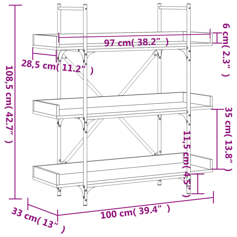 Bookcase 3-Tier Sonoma Oak 100x33x108.5 cm Engineered Wood