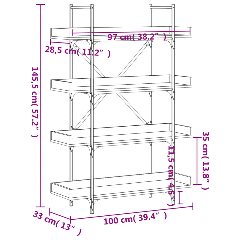 Bookcase 4-Tier Brown Oak 100x33x145.5 cm Engineered Wood