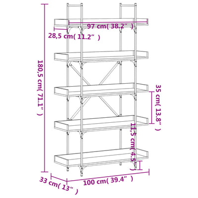 Bookcase 5-Tier Brown Oak 100x33x180.5 cm Engineered Wood