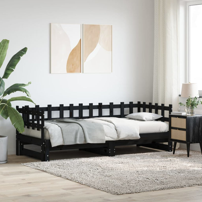 Pull-out Day Bed Black 2x(90x200) cm Solid Wood Pine