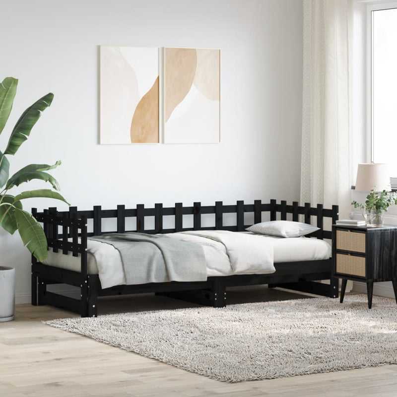 Pull-out Day Bed Black 2x(90x190) cm Solid Wood Pine