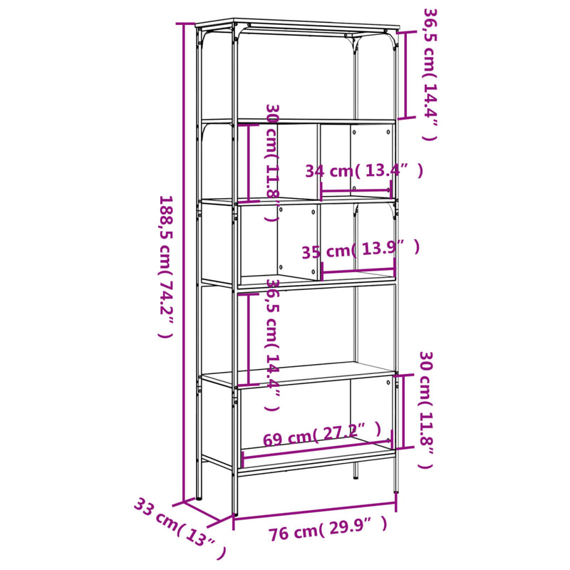 Bookcase 5-Tier Sonoma Oak 76x33x188.5 cm Engineered Wood