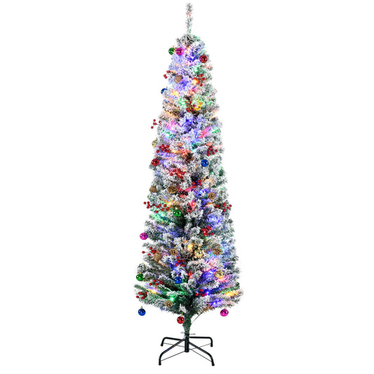 HOMCOM 6' Artificial Prelit Christmas Trees Holiday D√É¬©cor with Colourful LED Lights, Flocked Tips, Berry, Pine Cone