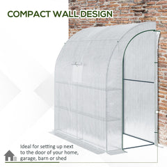 Outsunny Walk-In Lean to Wall Greenhouse with Windows and Doors 2 Tiers 4 Wired Shelves 200L x 100W x 215Hcm White