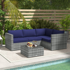 Outsunny 3 Pieces PE Rattan Garden Furniture Set with 10 cm Thick Cushions, 4 Seater Garden Corner Sofa Set with Glass Top Coffee Table, Outdoor Furniture for Patio, Porch, Blue