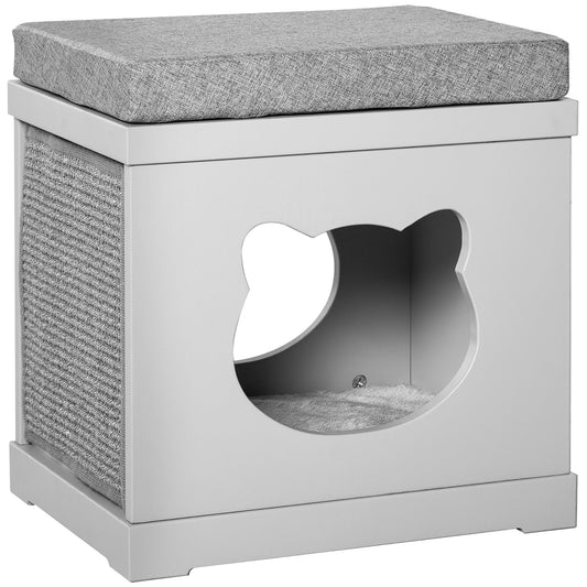 PawHut Cat House Bed Kitten Cave Cube Indoor for Small Pet with Removable Sisal Scratching Pads Soft Cushions, 41x30x36 cm, Grey