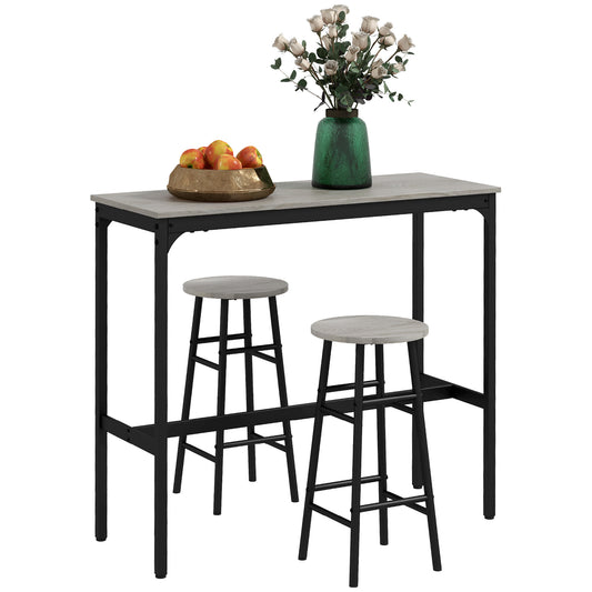 HOMCOM 3 Piece Bar Table Set with 2 Stools, Industrial Bar Table and Stool Set, Dining Table and Chair Set, Grey