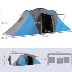 Outsunny Large Camping Tent Tunnel Tent with 2 Bedroom and Living Area, 2000mm Waterproof, Portable with Bag for 4-6 Man, Blue