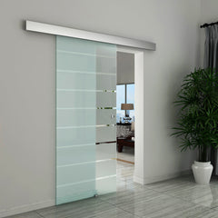 HOMCOM 90cm Sliding Glass Door Set Include Hardware Track Kit, Frosted Tempered Glass with Stripe Pattern, Round Handle