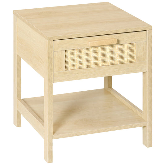 HOMCOM Nightstand with Rattan Drawer and Storage Shelf, Bedside End Table for Bedroom, Living Room