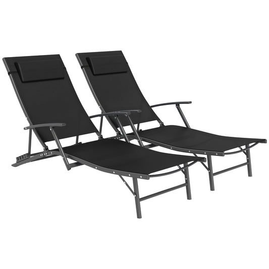 Outsunny Set of 2 Folding Sun Loungers for Garden, 4 Positions Adjustable Outdoor Chaise Lounge Chairs with Armrests, Pillows, Steel Frame, Sunbed Recliners for Patio, Beach and Poolside, Black