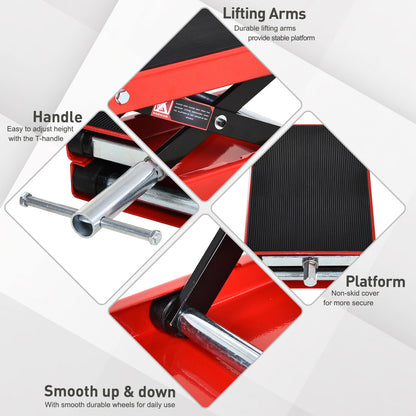 DURHAND 500KG Motorcycle Lift Scissor Jack, Height Adjustable Motorbike Stand with Anti-Slip Wide Deck, Heavy Duty Steel Motorbike Repair Lift Hoist Stand for Home Garage, Red