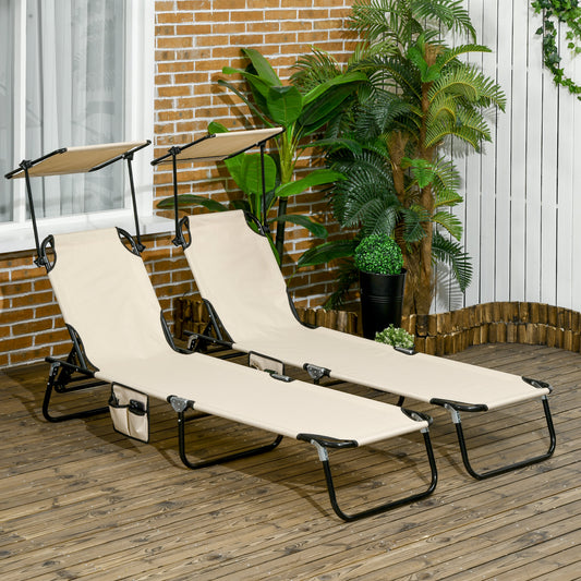 Outsunny 2 Piece Folding Sun Loungers with Canopy, Adjustable Recliner Garden Chairs with Side Pocket, Steel Frame and Breathable Mesh for Outdoor, Pool, Beach, Garden, Tan Brown