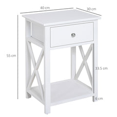 HOMCOM End Table, Sofa Side Table with Drawer X Bar Bottom Storage Shelf, Nightstand Bedside Table for Bedroom or Living Room White