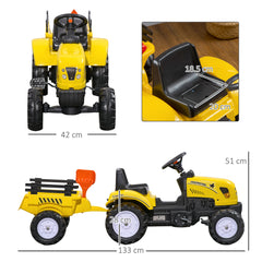 HOMCOM Pedal Go Kart, Kids Ride on Tractor with Back Trailer, Shovel & Rake, Horn, Four Wheels Tractor Toy for Child Toddler