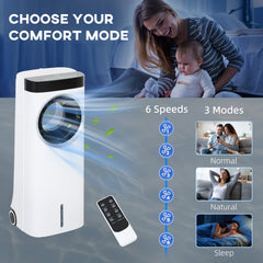 HOMCOM Evaporative Air Cooler, 6.5L 4-in-1 Bladeless Portable Cooler, Fan, Humidifier, Air Clean with Oscillation, 3 Speeds, 24H Timer, Sleep Mode, 2 Ice Packs, Wheels, Remote, for Home Office