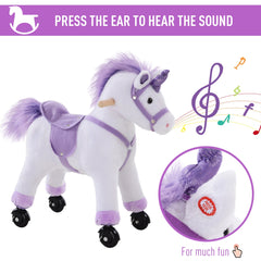 HOMCOM Kids Rocking Horse Plush Ride on Walking Unicorn Horse w/Realistic Sound Ride On Rocker with Handlebar for Age 3+ Purple