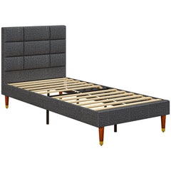 HOMCOM Upholstered Single Bed Frame, with Slats - Grey