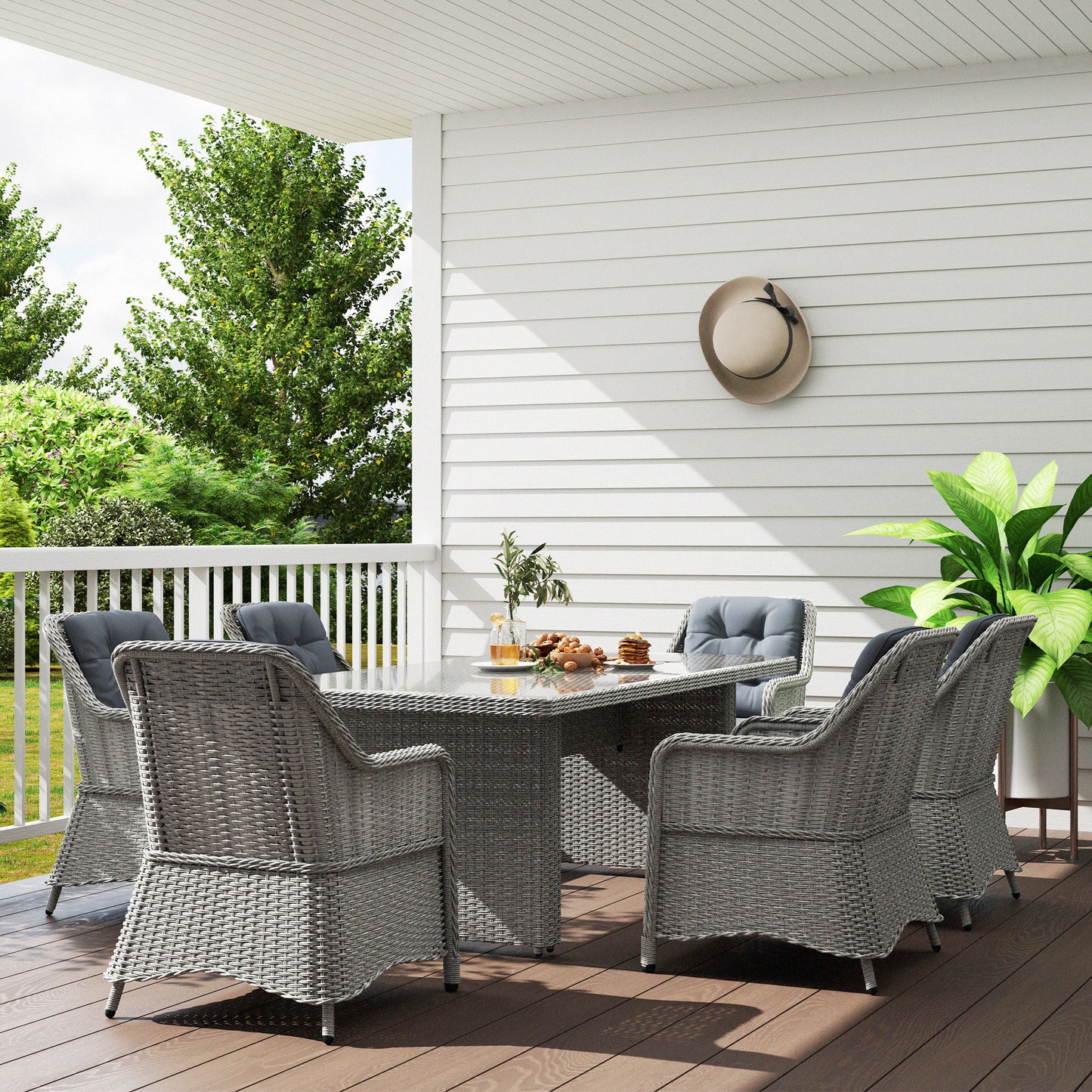 Outsunny 6 Seater Rattan Dining Set, Round PE Rattan Garden Furniture Set with Seat and Back Cushions, Aluminium Outdoor Dining Table and Chairs with 6 Armchairs, Rectangular Glass Top Table, Grey