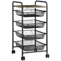 HOMCOM Storage Trolley on Wheels, Rolling Utility Serving Cart with 4 Mesh Trays for Living Room, Kitchen, Black