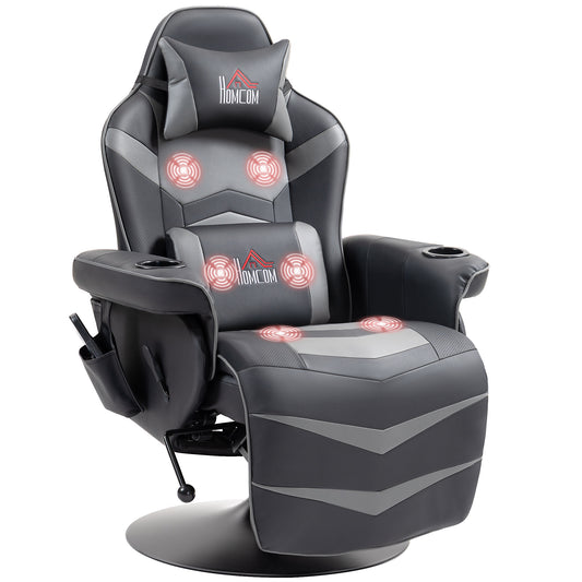 HOMCOM Massage Recliner Chair with Remote, PU Leather Recliner Armchair with Cup Holders and Side Pockets, Racing Style Reclining Chair with Headrest, 360√Ç¬∞ Swivel, Lumbar Support, Grey