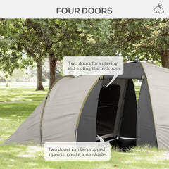 Outsunny Four-Man Tunnel Tent, with Two Bedrooms and Living Room - Grey/Yellow