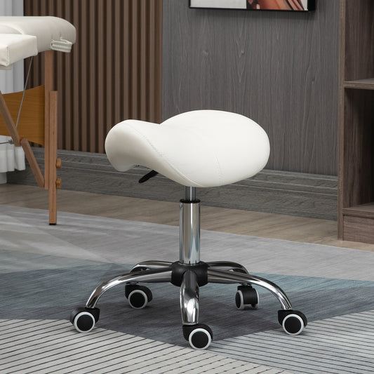 HOMCOM Cosmetic Stool 360√Ç¬∞ Rotate Height Adjustable Salon Massage Spa Chair Hydraulic Rolling Faux Leather Saddle Stool, Cream