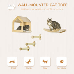 PawHut Wall Mounted Cat Shelves, with House, Hammock, Scratching Post - Oak Tone