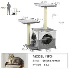 PawHut Cat Tree w/ Sisal Scratching Posts, House, Perches, Toy Mouse, Grey