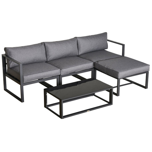 Outsunny 5 Pieces Outdoor Patio Furniture Set, Sofa Couch with Glass Coffee Table, Cushioned Chairs and Aluminum Tube, for Balcony Garden Backyard, Grey