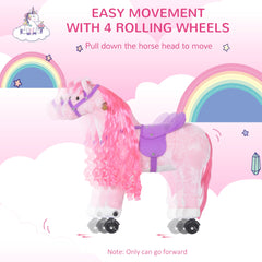 HOMCOM Plush Walking Horse Ride On Toy with Wheels and Realistic Sounds Rocking Horse for Girls Boys 3+ Years Old, 50cm Tall, Pink