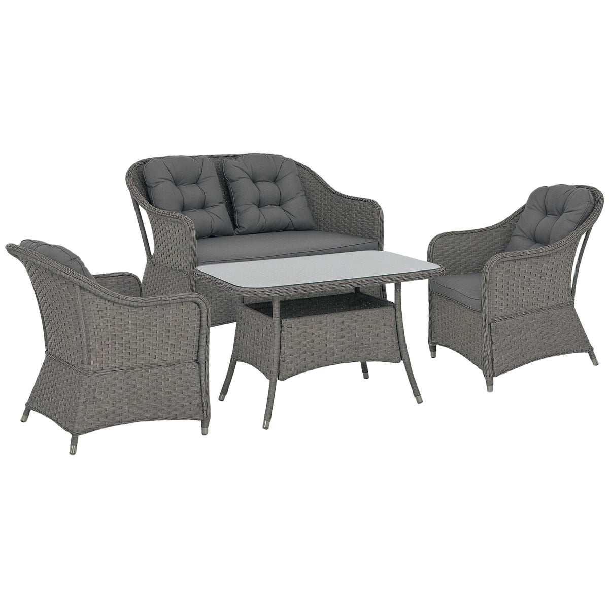 Outsunny Four-Piece Rattan Set, with Glass-Top Table - Light Grey