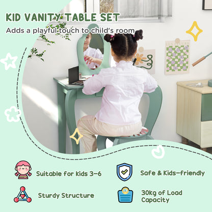 ZONEKIZ Kids Dressing Table with Mirror, Stool, Drawer, Cute Animal Design, Green