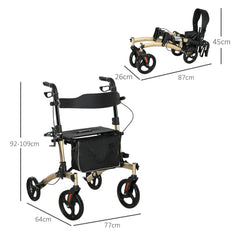 HOMCOM Folding Rollator with Cane Holder, Adjustable Handle Height and Aluminum Frame, 4 Wheeled Mobility Walker with Seat and Bag, Gold