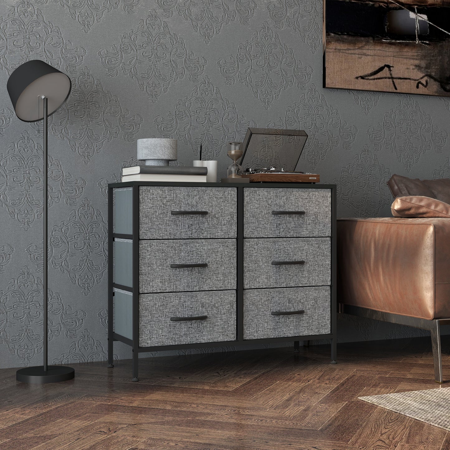HOMCOM Fabric Chest of Drawers, Storage Drawers, Industrial Bedroom Dresser with 6 Fabric Drawers, Steel Frame and Wooden Top for Nursery, Living Room, Hallway, Black