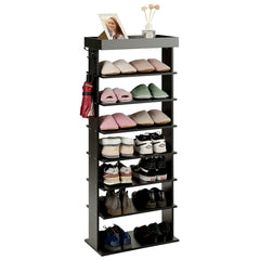 Vertical Designed 7-Tier Shoe Rack with Hooks-Black