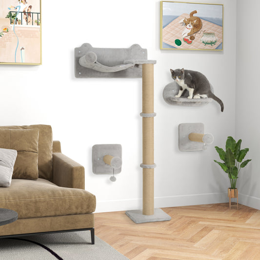 PawHut 4-Piece Cat Shelves w/ Scratching Post, Steps, Jumping Platform, Ladder, Toy Balls, for Indoor Cats, Light Grey