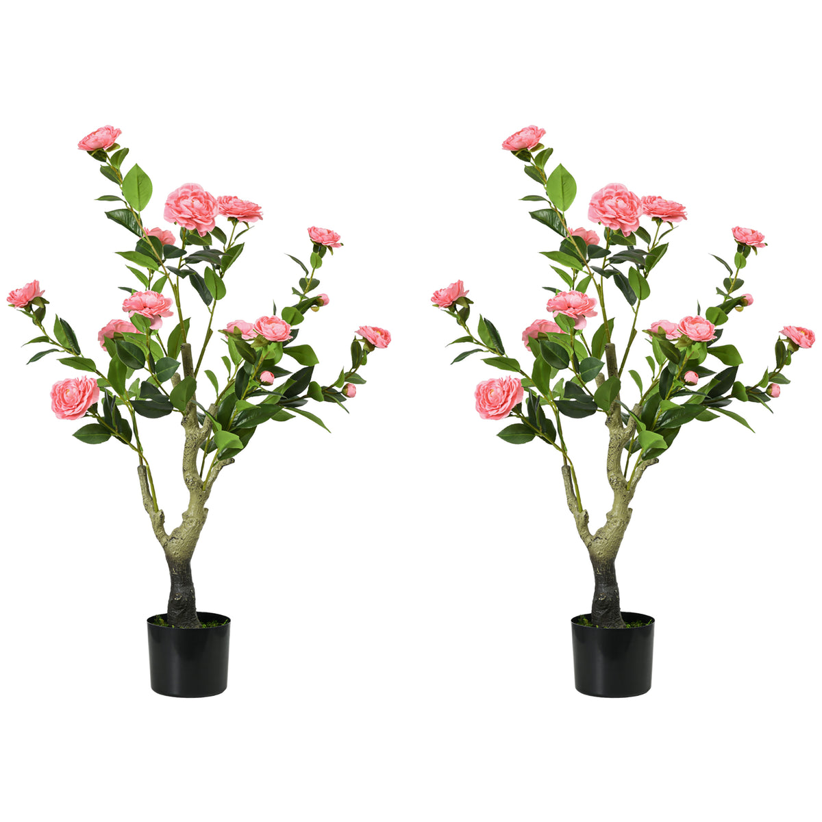 HOMCOM 2 Pieces Decorative Artificial Plants Camellia Flower with Pot, Fake Plant for Home Indoor Outdoor Decor, 95cm, Pink