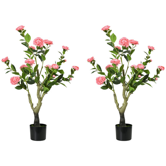 HOMCOM 2 Pieces Decorative Artificial Plants Camellia Flower with Pot, Fake Plant for Home Indoor Outdoor Decor, 95cm, Pink