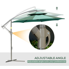 Outsunny 2.7m Banana Parasol Cantilever Umbrella with Crank Handle, Double Tier Canopy and Cross Base for Outdoor, Hanging Sun Shade, Green