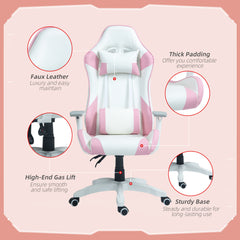 HOMCOM Faux Leather Colour Block Gaming Chair, with 135√Ç¬∞ Reclining Back - Pink/White