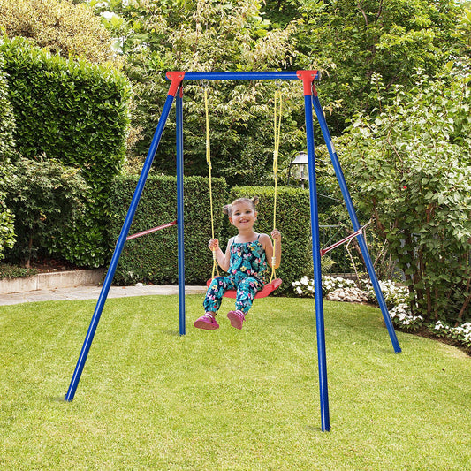 Outsunny Kids Swing Set Toddler Swing Adjustable Rope Heavy Duty A-Frame Stand Outdoor Playset for 3-8 Years Old Blue