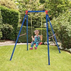 Outsunny Kids Swing Set Toddler Swing Adjustable Rope Heavy Duty A-Frame Stand Outdoor Playset for 3-8 Years Old Blue