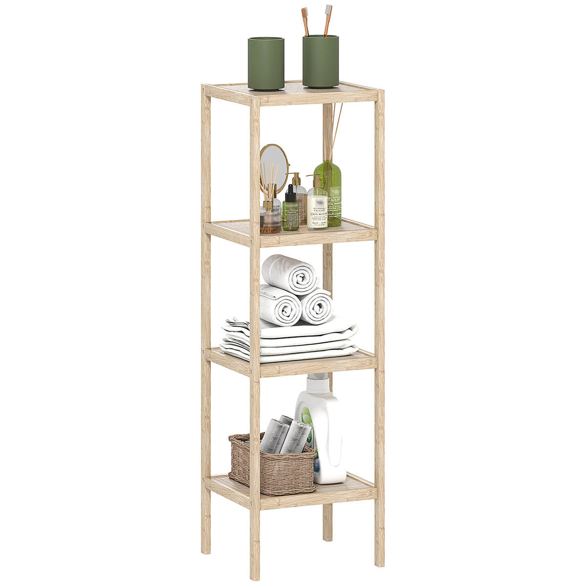 HOMCOM Four-Tier Bamboo Bathroom Shelf - Natural Finish