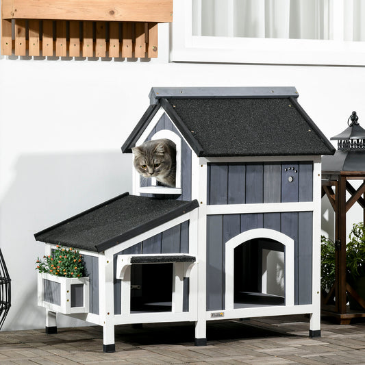 PawHut Wooden Cat House with Flower Pot, Windows, Multiple Entrances, Water-Resistant Roof for Outdoor - Grey