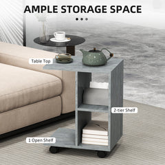 HOMCOM C-Shape End Table Unique Storage Unit w/ 2 Shelves 4 Wheels Freestanding Home Office Furniture Cabinet Square Studio Grey