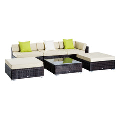 Outsunny 6 PC Rattan Sofa Coffee Table Set Sectional Wicker Weave Furniture for Garden Outdoor Conservatory w/ Pillow Cushion Brown