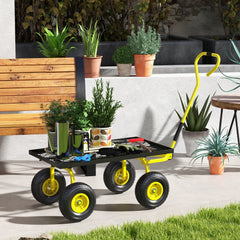 Outsunny Garden Trolley Cart, Heavy Duty Garden Cart with Metal Frame, 10" Pneumatic Wheels, Rotating Handle, 150kg Capacity, for Garden, Farm, Yellow